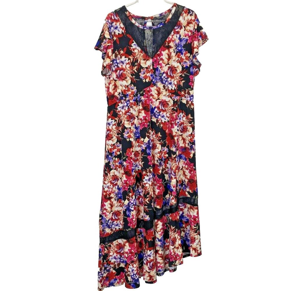 TORRID Dress Womans Plus Size 2X Floral Midi Studio Knit Stretch Asymmetrical